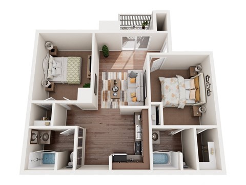 a 3d rendering of a bedroom with a living room